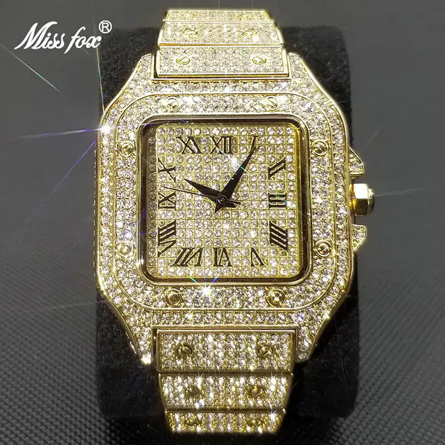 MISSFOX Ice Out reloj cuadrado para hombres, relojes de lujo de marca superior con diamantes para hombres, reloj ultrafino resistente al agua Hip Hop, triangulación de envíos