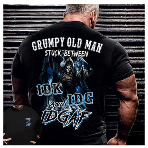 Camiseta para hombre viejo gruñón atrapado entre IDK, IDC e IDGAF