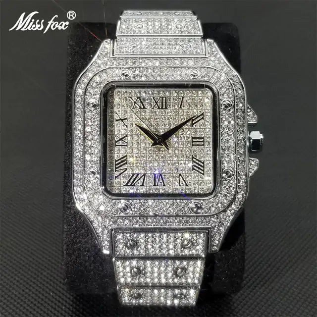 MISSFOX Ice Out reloj cuadrado para hombres, relojes de lujo de marca superior con diamantes para hombres, reloj ultrafino resistente al agua Hip Hop, triangulación de envíos