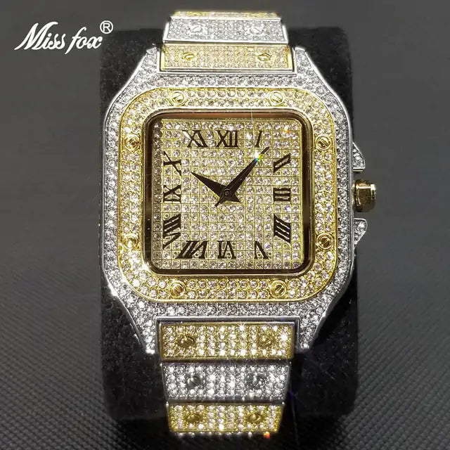 MISSFOX Ice Out reloj cuadrado para hombres, relojes de lujo de marca superior con diamantes para hombres, reloj ultrafino resistente al agua Hip Hop, triangulación de envíos